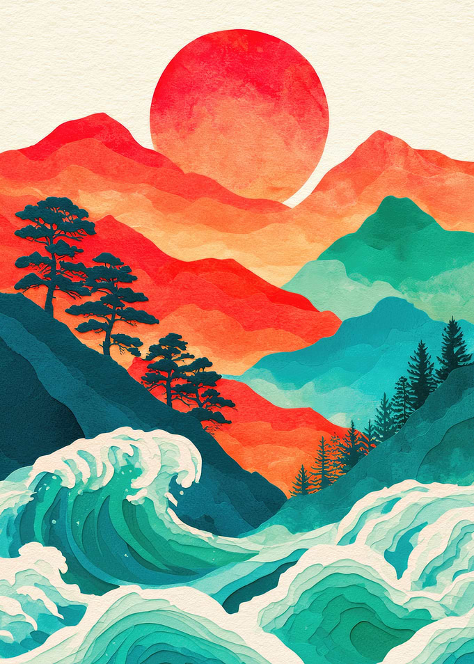 Japanese Wave and Mountain Landscape
