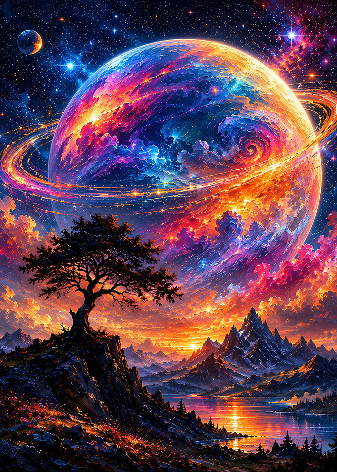 Cosmic Landscape with Tree and Planet