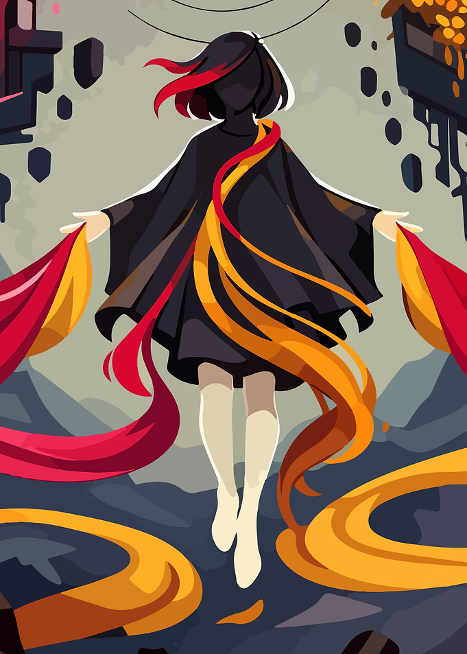 Mysterious Figure with Flowing Ribbons