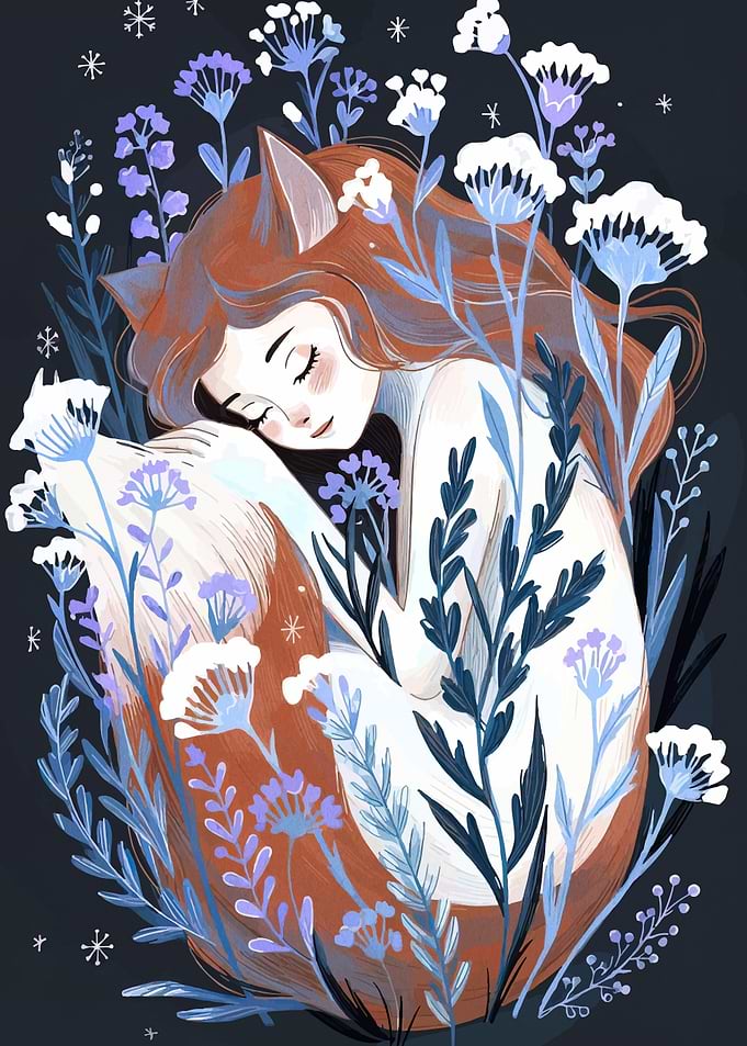 Fox Girl Sleeping Among Flowers