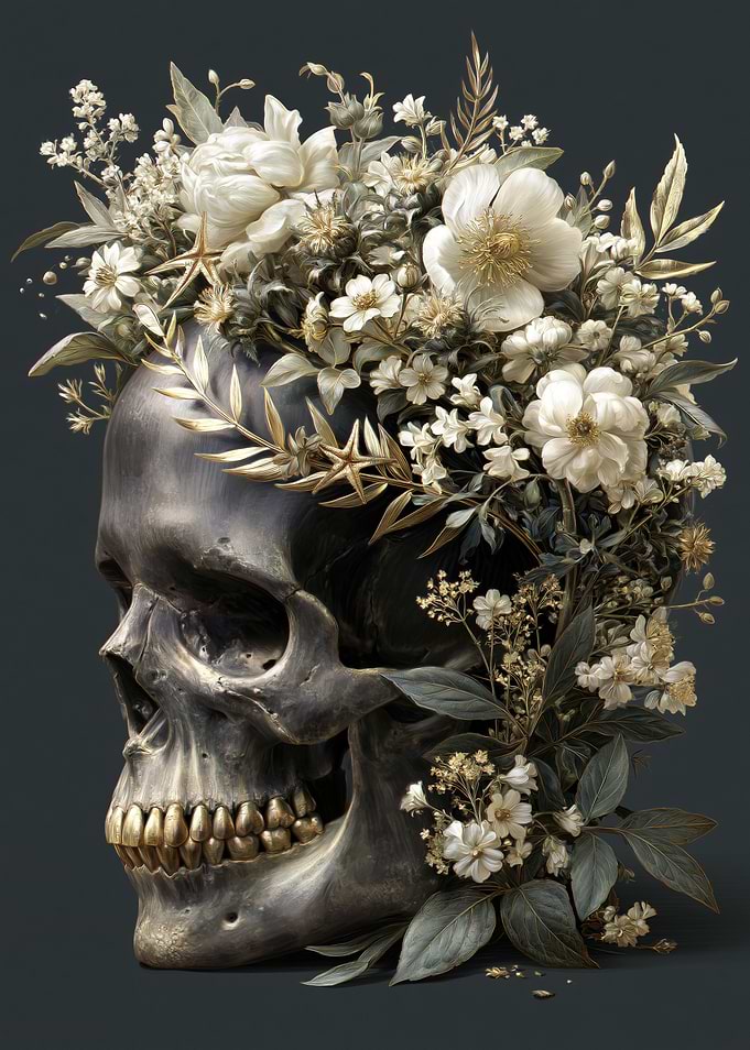 Skull adorned with white and gold flowers