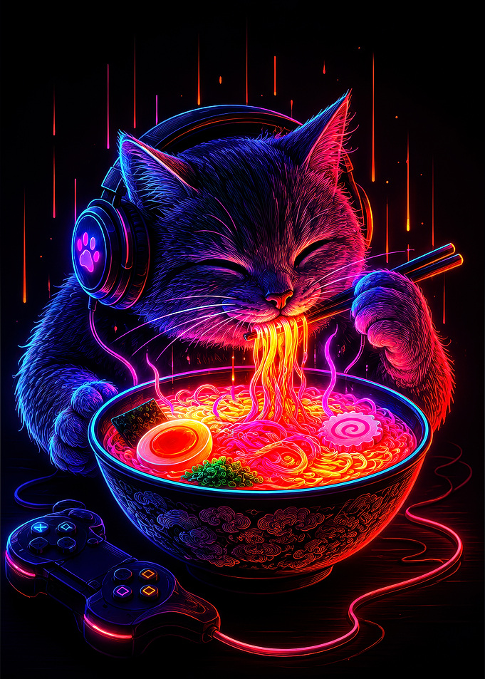 Gamer Cat Eating Ramen with Headphones