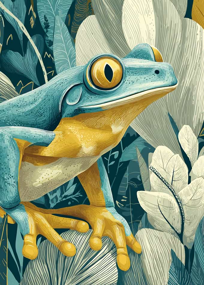 Stylized Frog Amidst Tropical Leaves