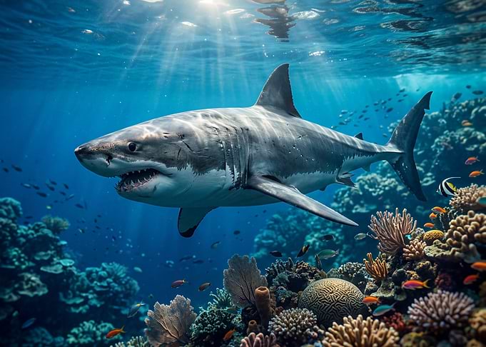 Great White Shark in Coral Reef