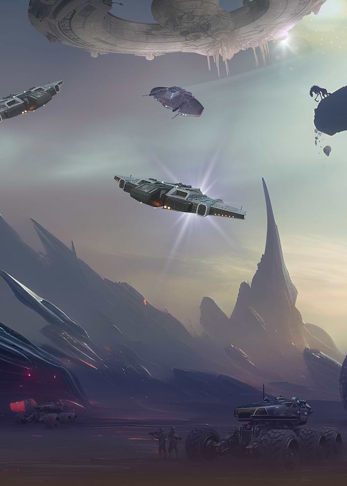 Sci-fi fleet in alien landscape