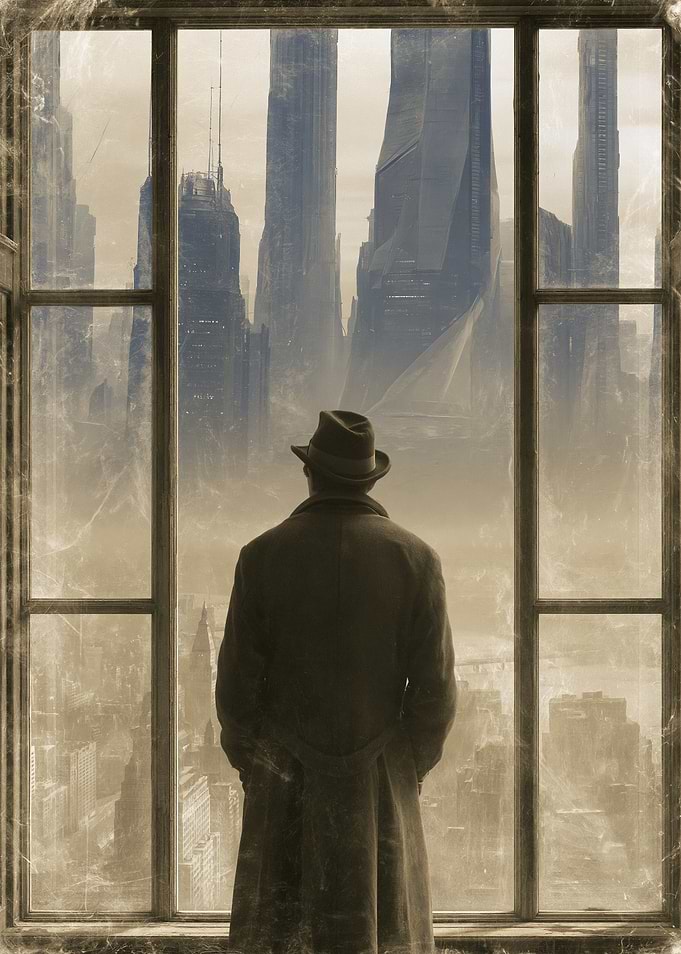 Man in Trench Coat Looks at Futuristic City