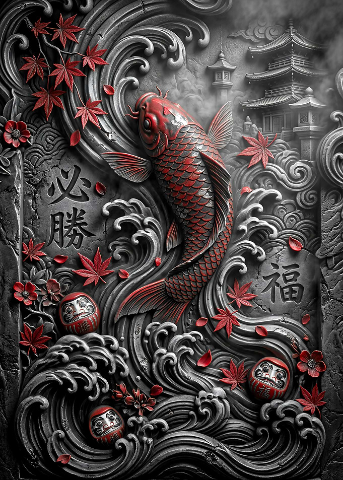 Japanese Koi Fish and Daruma Dolls