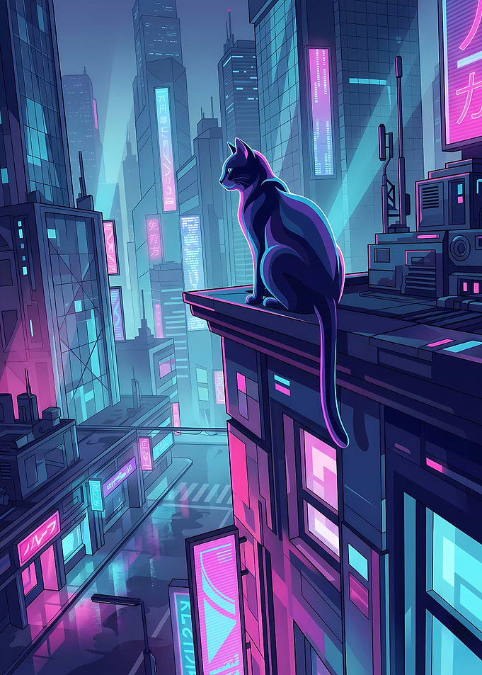 Future Feline Overlooking the Neon Streets