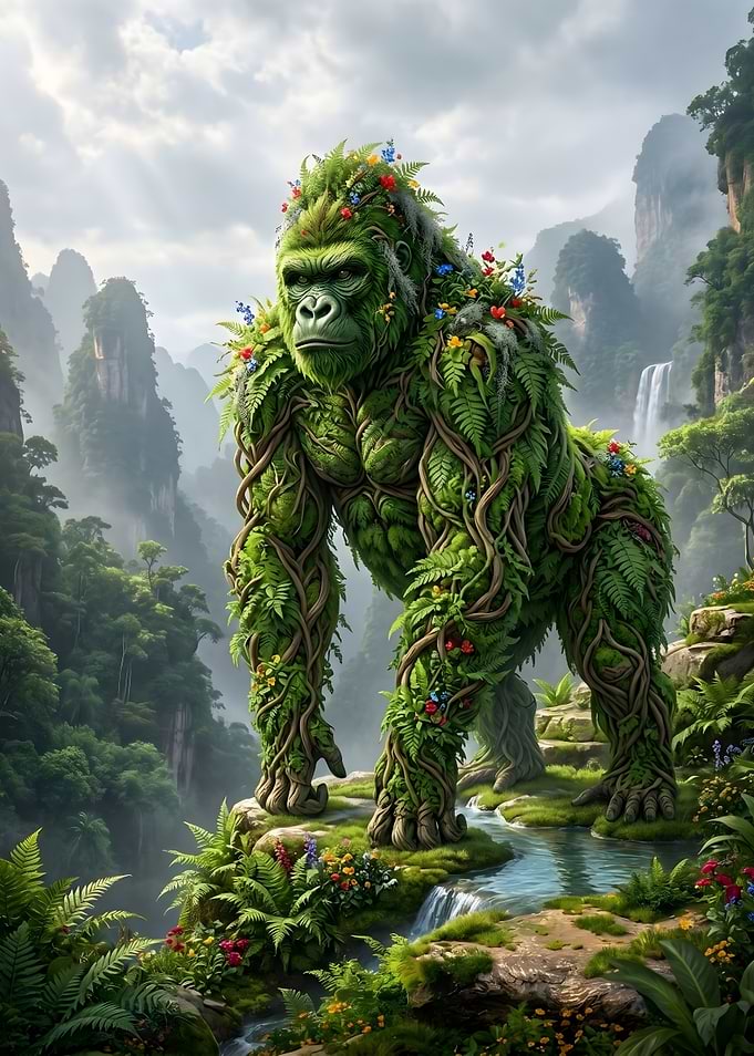 Gorilla in Lush Mountain Landscape