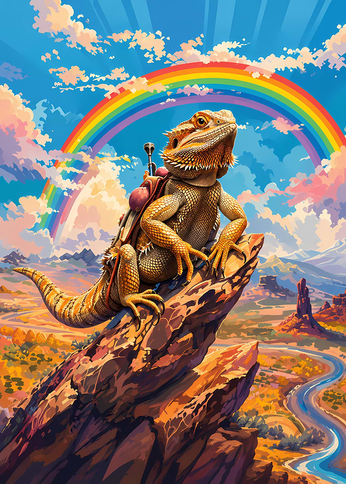 Bearded Dragon on a Cliff with Rainbow