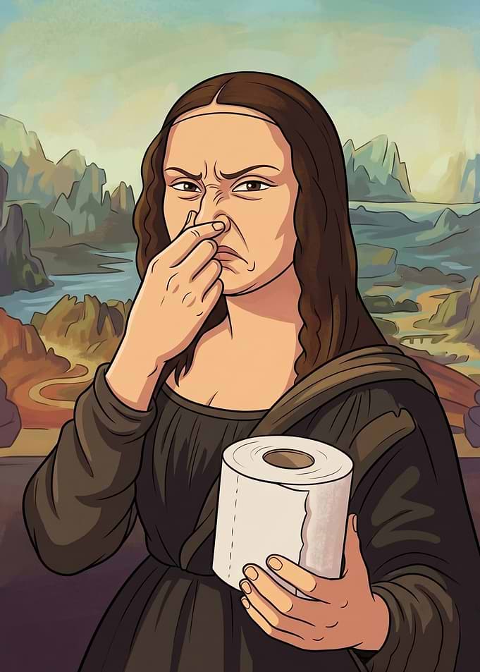 Funny Mona Lisa holding toilet paper