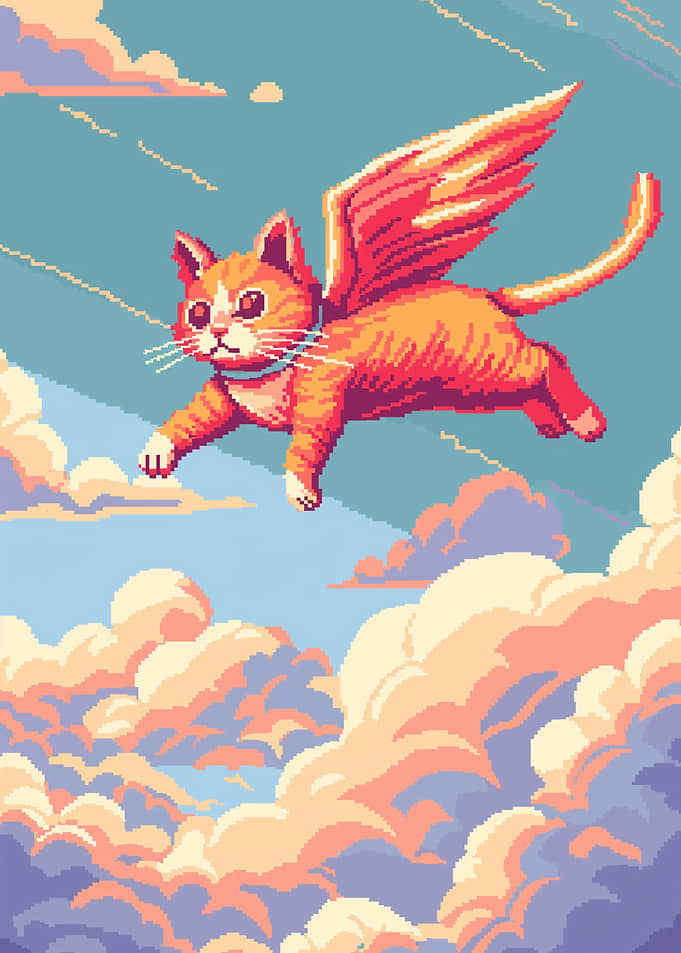 Flying Cat with Wings in Clouds