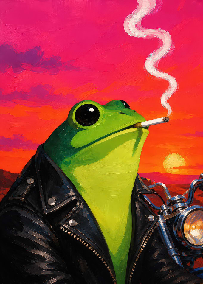 Frog Biker Smoking at Sunset