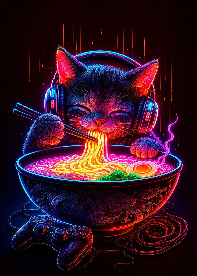 Neon Cat Eating Ramen with Headphones
