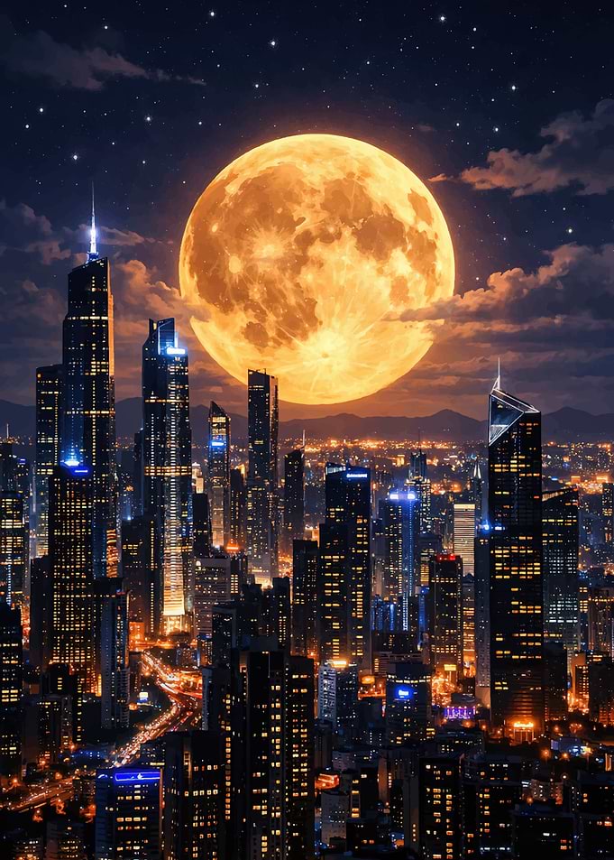 Cityscape Under a Giant Moon