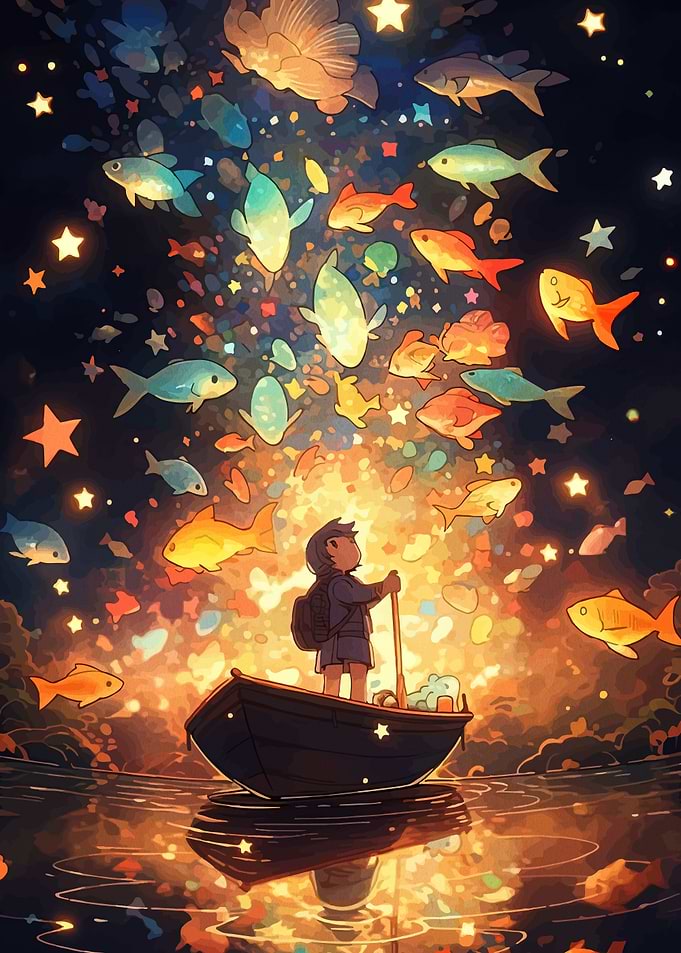 Child in a boat with glowing fish