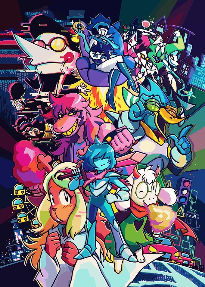 Deltarune Characters in a Vibrant Cityscape