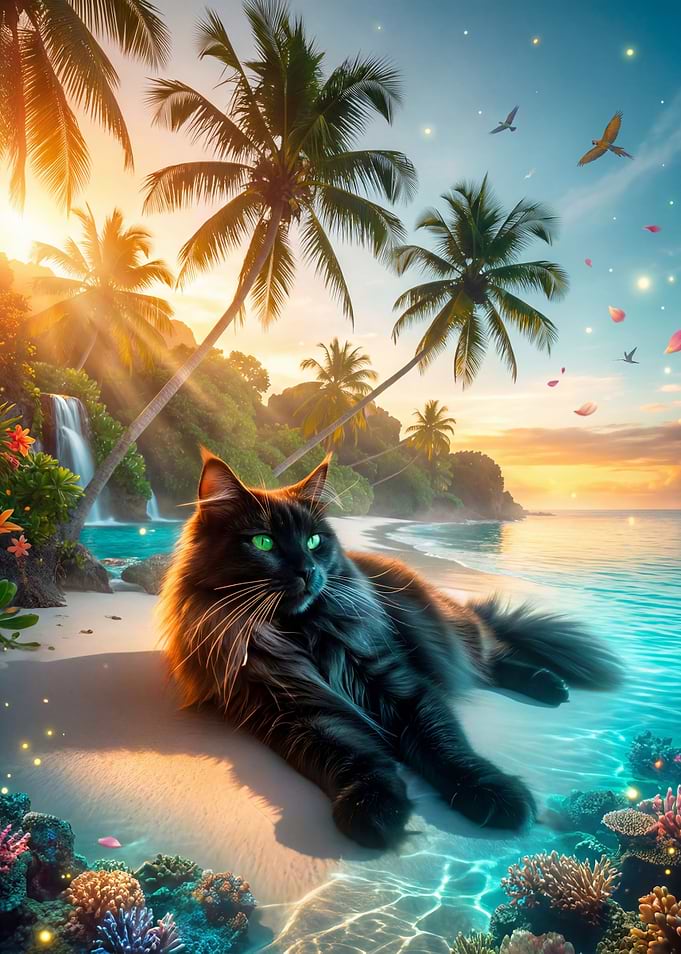 Black Cat on a Tropical Beach