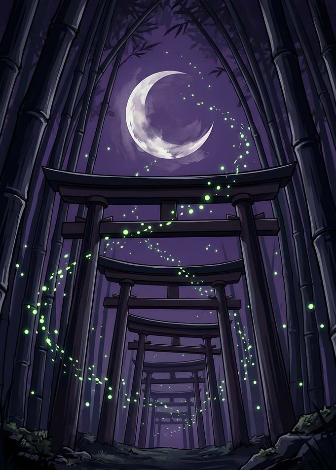 Japanese Torii Path in Midnight Bamboo Forest