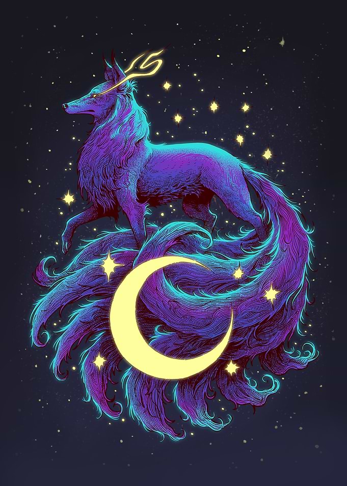 Kitsune with Crescent Moon and Stars