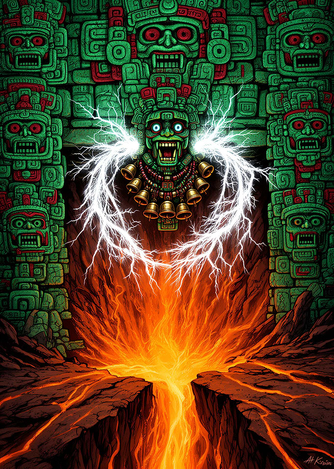 Mayan Temple Entrance with Lava and Lightning