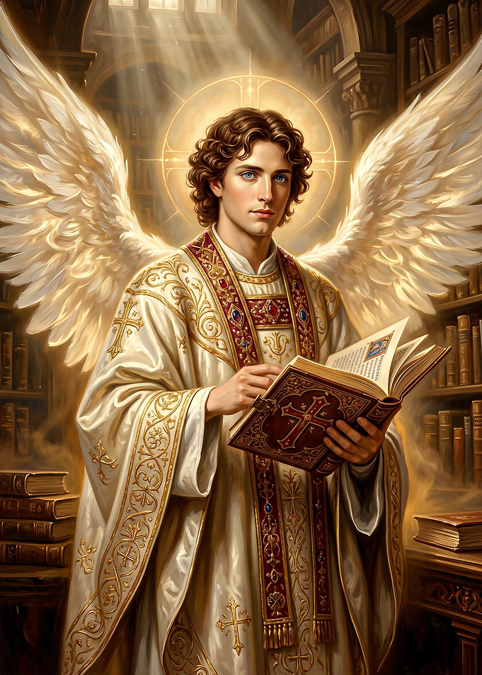 Archangel Uriel Reading a Book in a Library