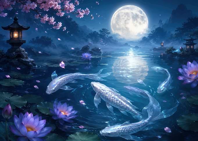 Koi Fish in Moonlit Pond with Cherry Blossoms