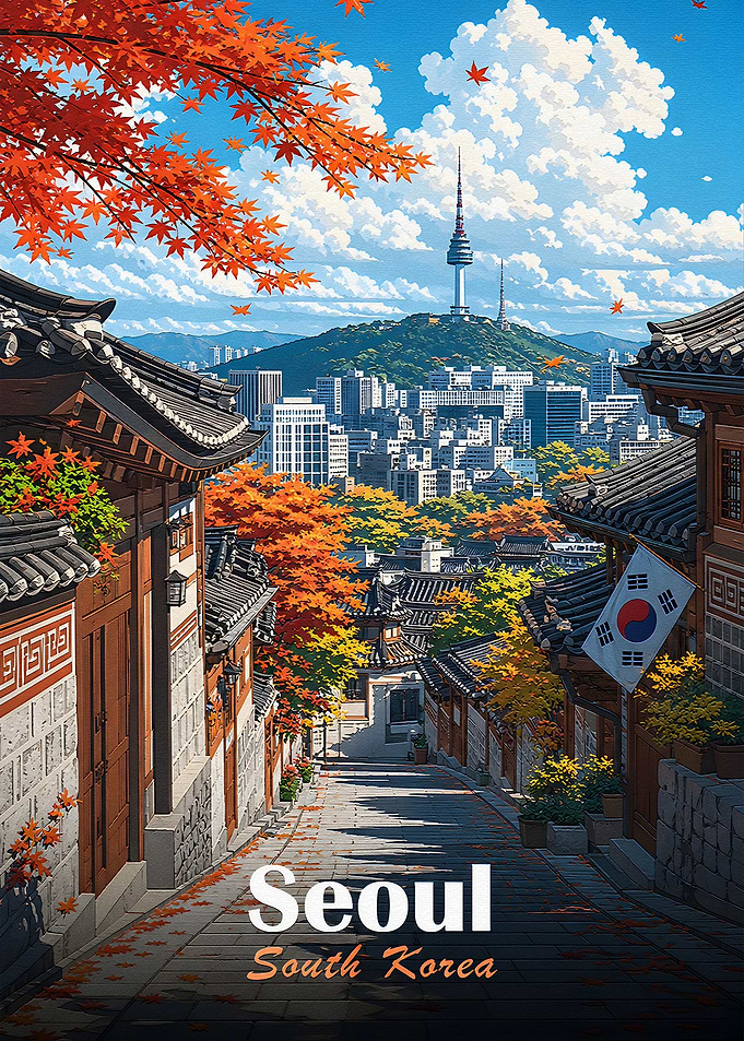 Seoul Cityscape with Autumn Foliage