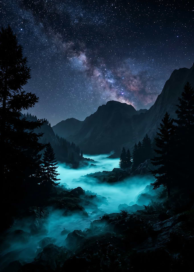 Misty Mountain Valley Under the Milky Way