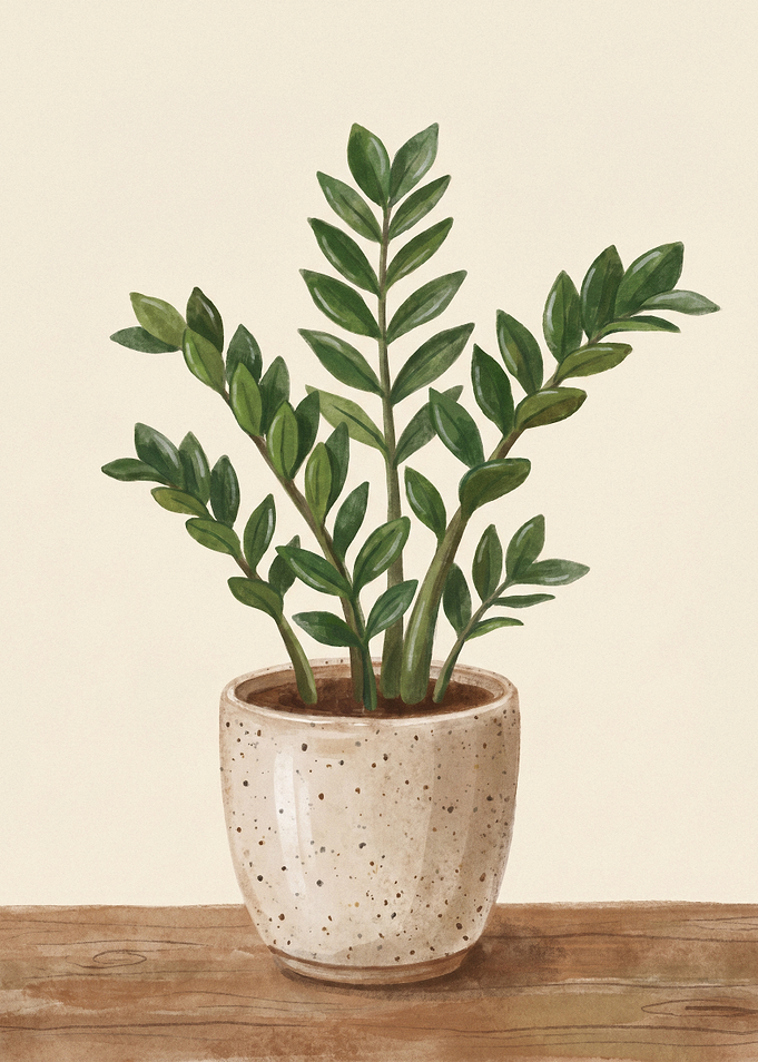 Potted ZZ Plant on Wooden Surface