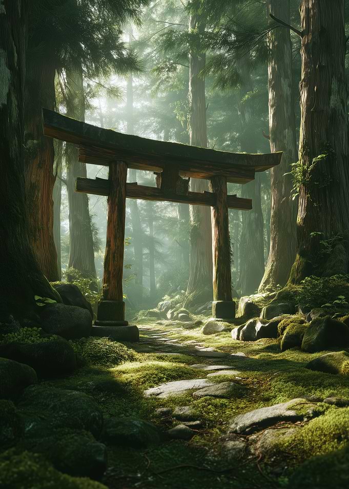 Torii Gate in Misty Forest Ancient Japanese Shrine