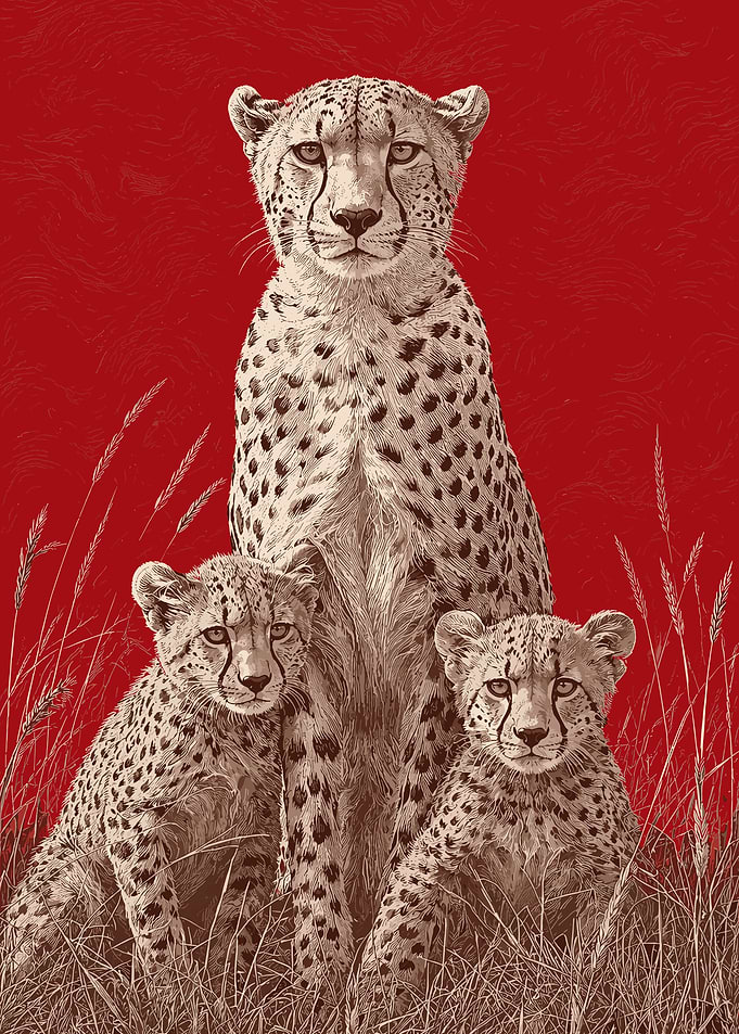 Cheetah Family in Red Background