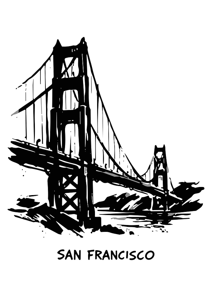 San Francisco Golden Gate Bridge Sketch Poster Black and White City Wall Art