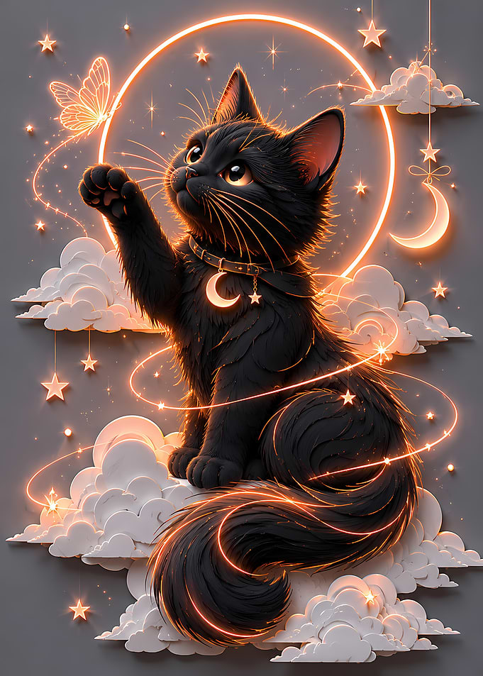 Black Cat with Moon and Stars