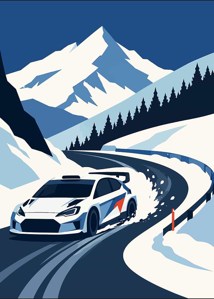 Rally Car on Snowy Mountain Road