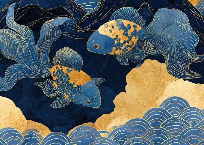 Two Goldfish in Blue and Gold Kintsugi Art