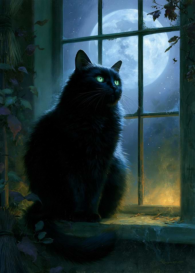 Black Cat by Full Moon Window