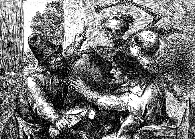 Two Men Fighting with Death Engraving