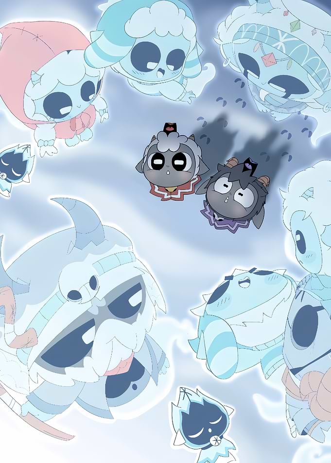 Cute Cult of the Lamb characters in the sky