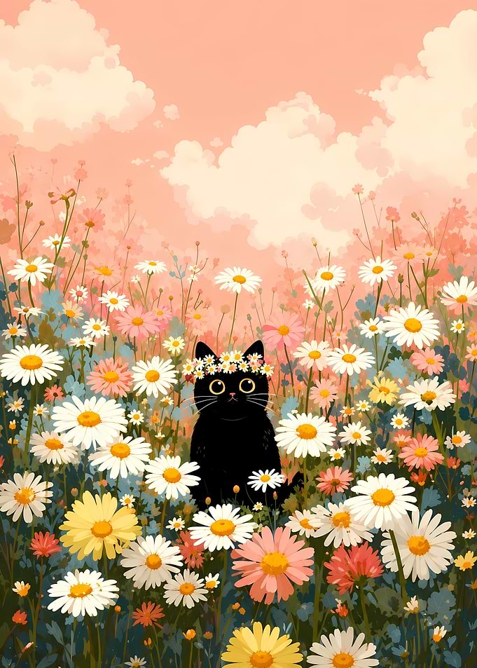 Black Cat in a Daisy Field