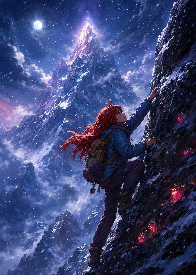 Girl climbing a snowy mountain