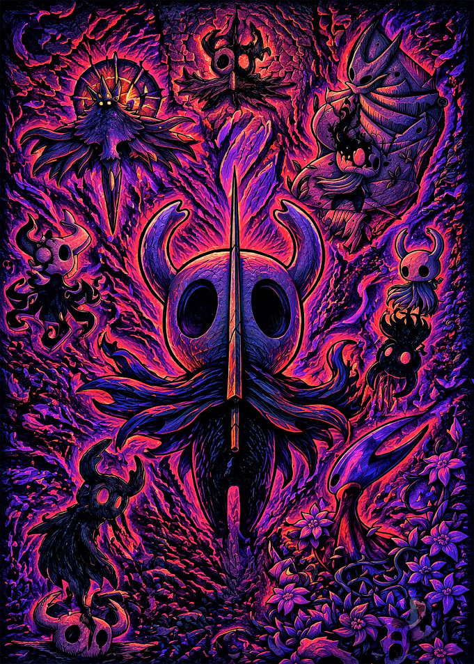 Hollow Knight Characters in Fiery Background