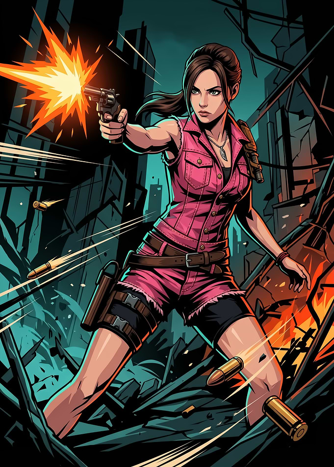 Action Heroine Firing Gun in Ruined City