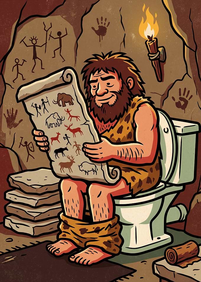 Funny Caveman Reading On Toilet Retro Art Bathroom Humor