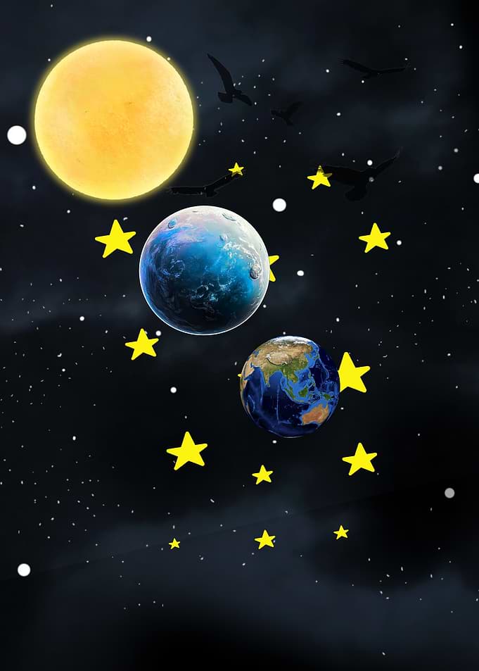 Cosmic Scene with Planets and Stars