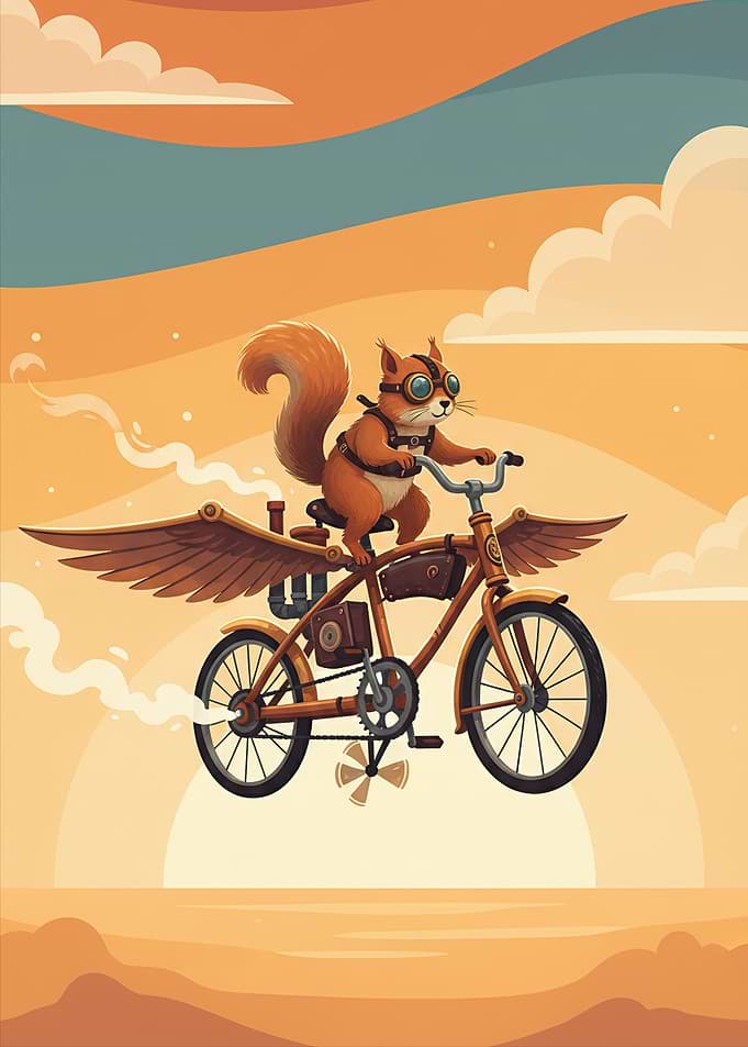 Steampunk Squirrel Flying a Bicycle