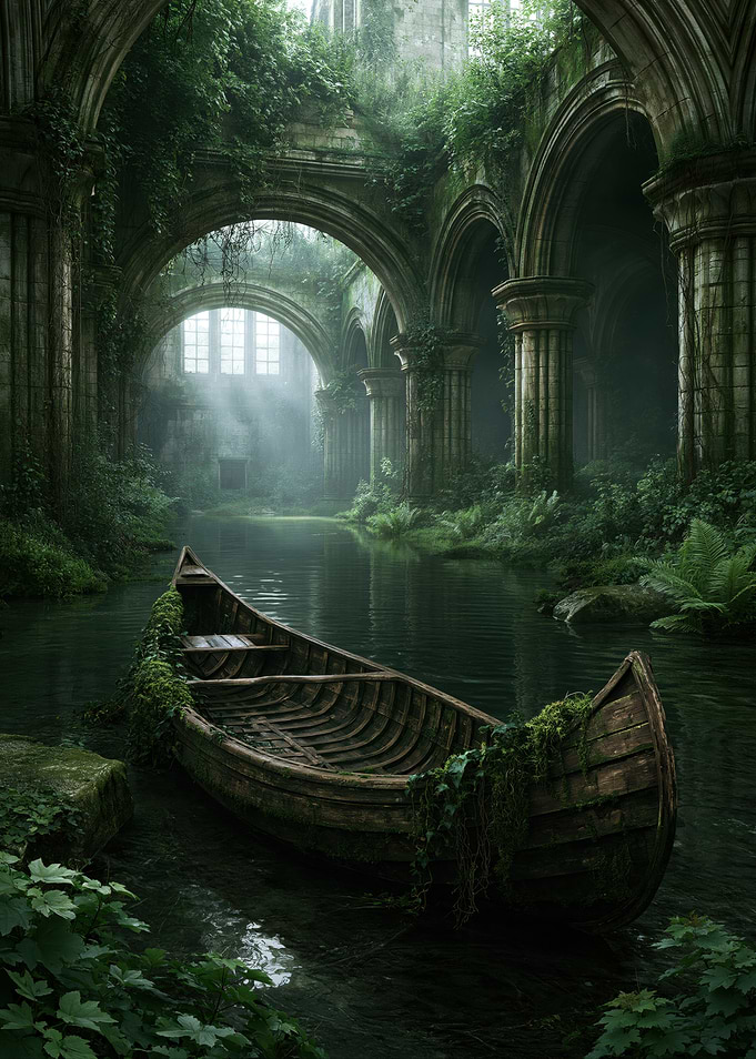 Overgrown Ancient Ruins with Boat