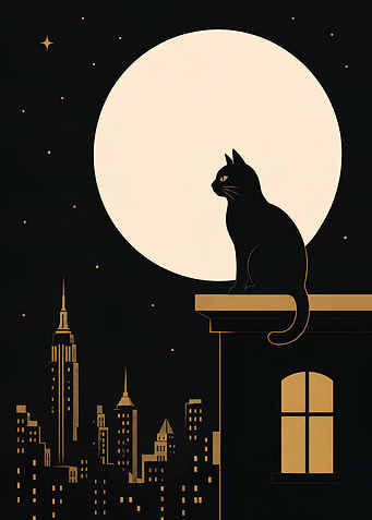 Black Cat on Rooftop Under Moon