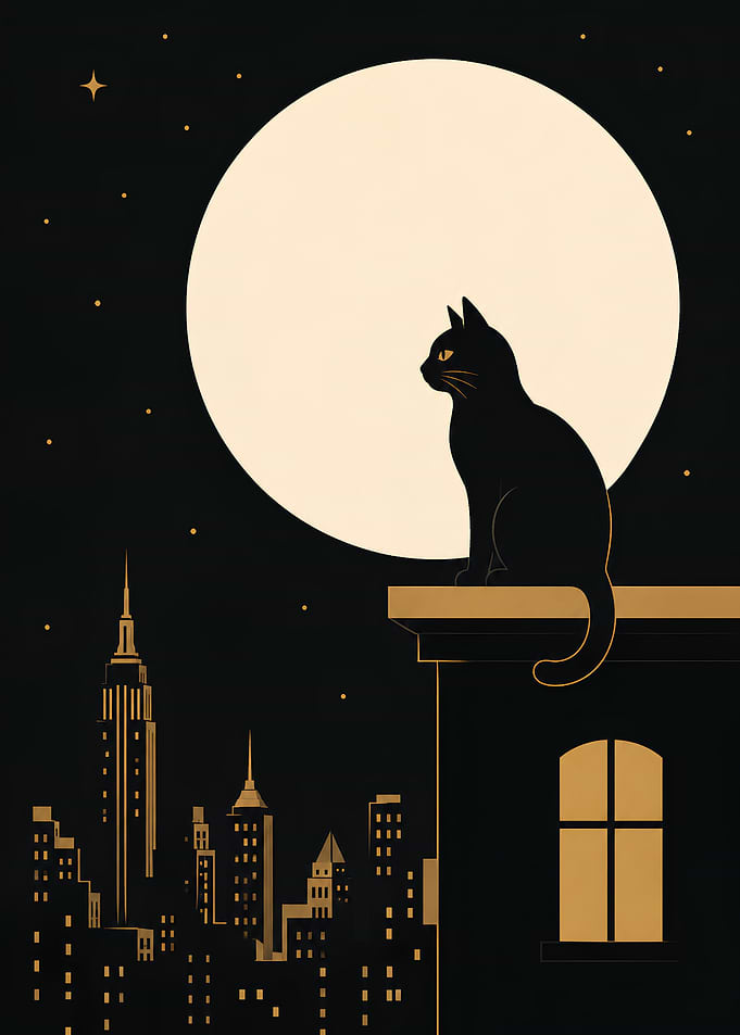 Black Cat on Rooftop Under Moon