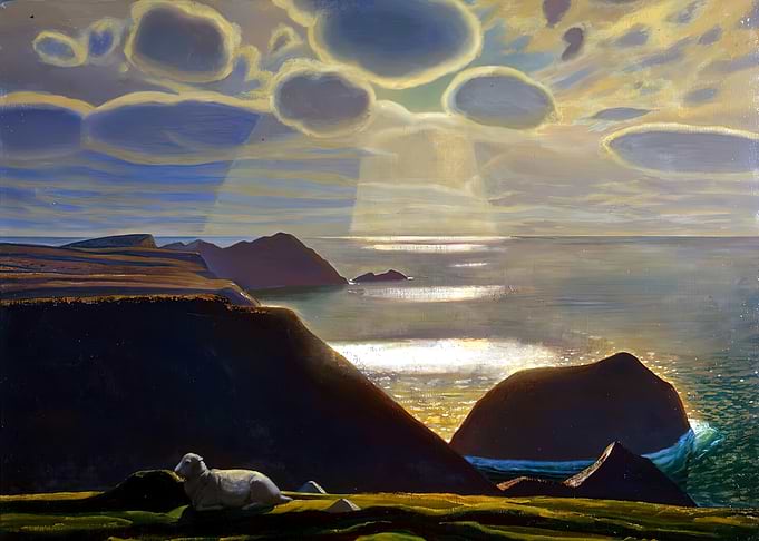 Rockwell Kent Sheep on a cliff overlooking the sea